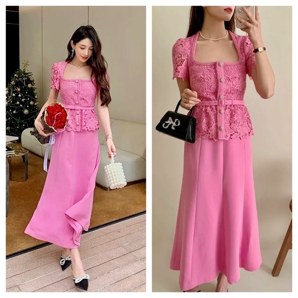 NWT NEW Self-Portrait Pink Lace Midi Dress Size 4 US 8 UK Guipure - Picture 1 of 16